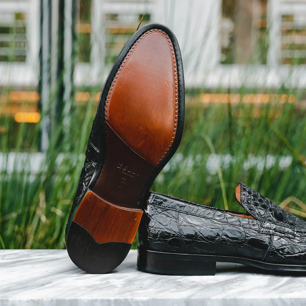 11-201-BKM ROMA Crocodile Penny Loafer, Black