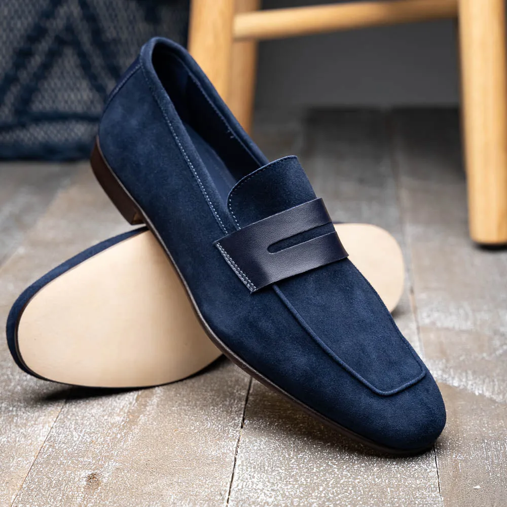 16-672-NVY Tippa Suede & Calfskin Penny Loafers Navy