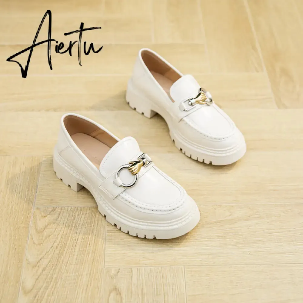 Aiertu Female Penny Shoes Spring  New Genuine Leather Ladies Lazy Shoes Student Platform Slip-On Loafers For Women