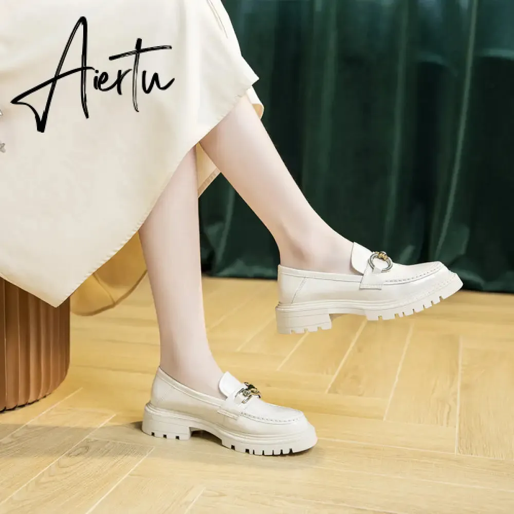 Aiertu Female Penny Shoes Spring  New Genuine Leather Ladies Lazy Shoes Student Platform Slip-On Loafers For Women