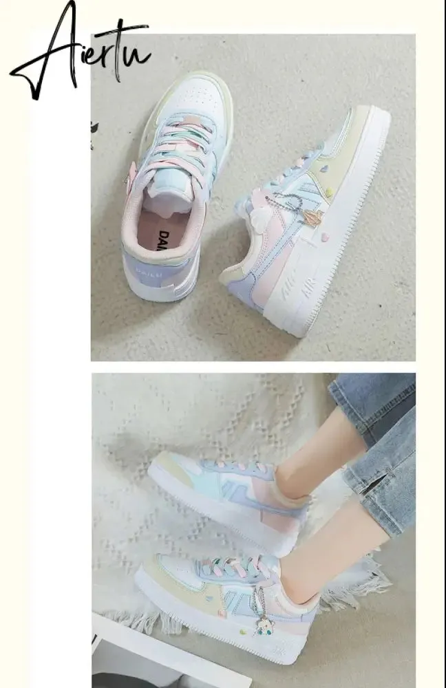 Aiertu Women Sneakers White Pink Tennis Cute Lovely Girl Casual Shoes Female Student Blue Low Top Platform Flats Ladies Vulcanize Shoes