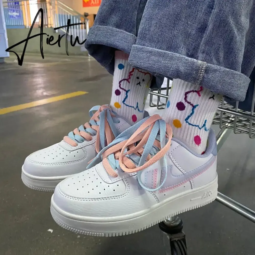 Aiertu Women Sneakers White Pink Tennis Cute Lovely Girl Casual Shoes Female Student Blue Low Top Platform Flats Ladies Vulcanize Shoes