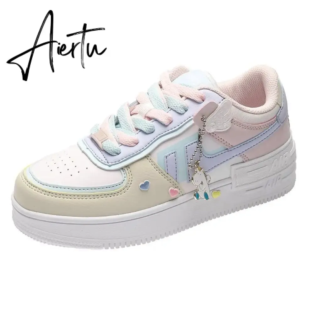 Aiertu Women Sneakers White Pink Tennis Cute Lovely Girl Casual Shoes Female Student Blue Low Top Platform Flats Ladies Vulcanize Shoes