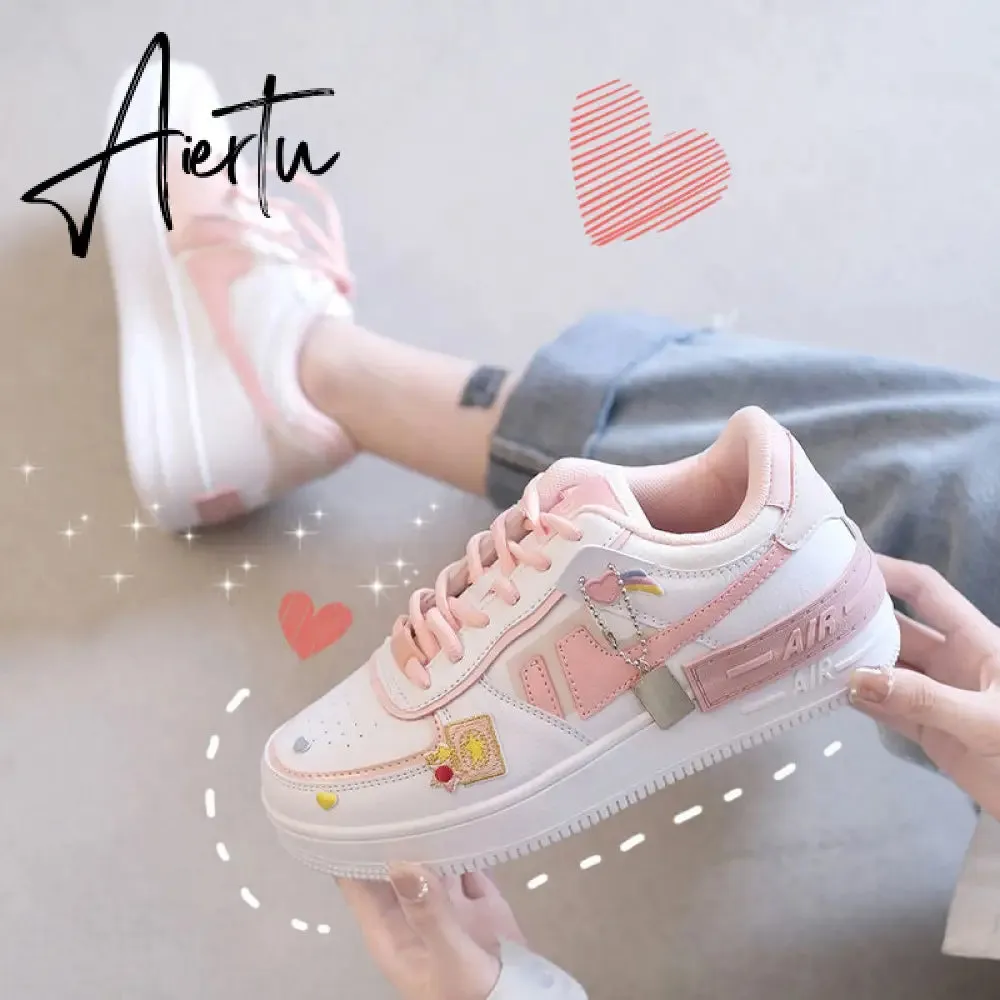 Aiertu Women Sneakers White Pink Tennis Cute Lovely Girl Casual Shoes Female Student Blue Low Top Platform Flats Ladies Vulcanize Shoes