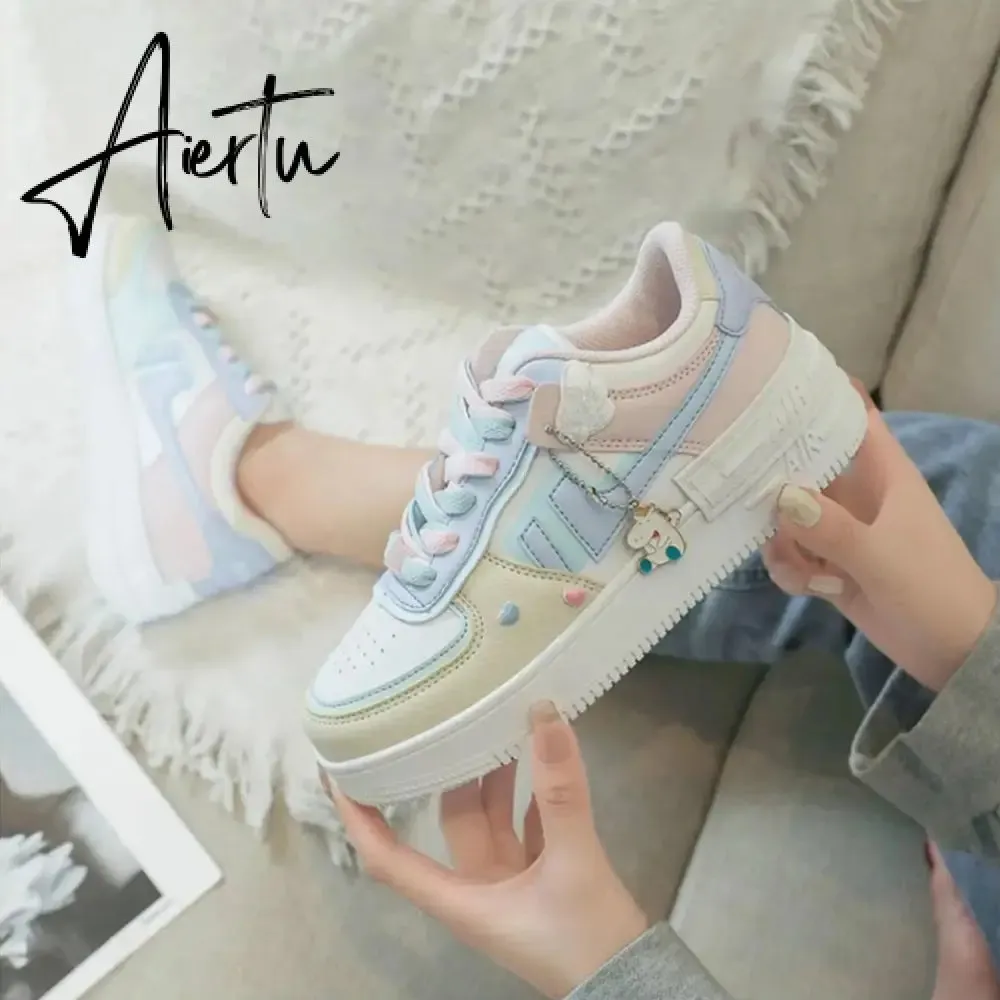 Aiertu Women Sneakers White Pink Tennis Cute Lovely Girl Casual Shoes Female Student Blue Low Top Platform Flats Ladies Vulcanize Shoes