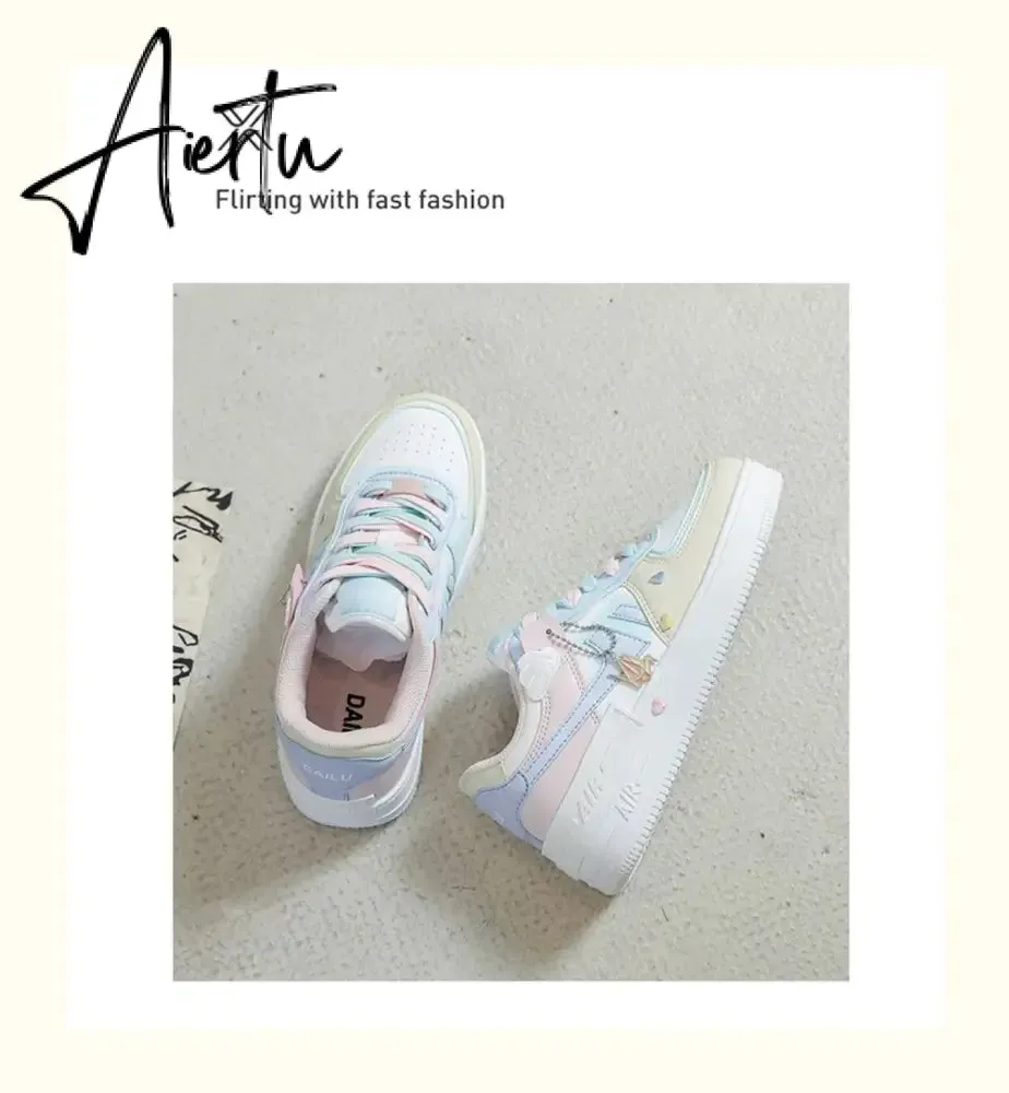 Aiertu Women Sneakers White Pink Tennis Cute Lovely Girl Casual Shoes Female Student Blue Low Top Platform Flats Ladies Vulcanize Shoes