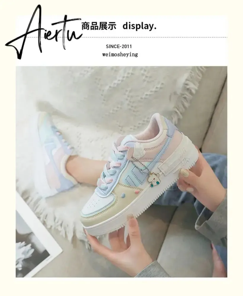 Aiertu Women Sneakers White Pink Tennis Cute Lovely Girl Casual Shoes Female Student Blue Low Top Platform Flats Ladies Vulcanize Shoes