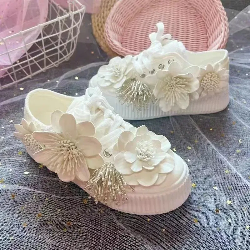 binfenxie  -  Spring Summer New College Style Lace Up Canvas Shoes Heavy Industry Water Diamond Flower Sweet Flat Shoes Women's Sneakers