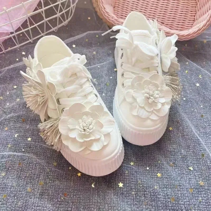 binfenxie  -  Spring Summer New College Style Lace Up Canvas Shoes Heavy Industry Water Diamond Flower Sweet Flat Shoes Women's Sneakers