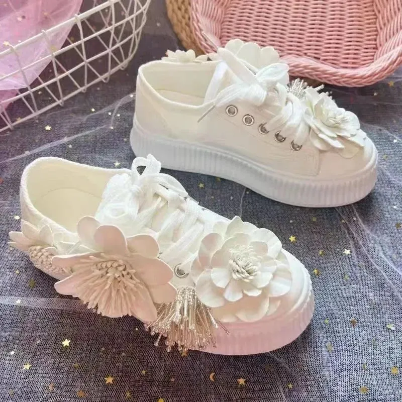 binfenxie  -  Spring Summer New College Style Lace Up Canvas Shoes Heavy Industry Water Diamond Flower Sweet Flat Shoes Women's Sneakers