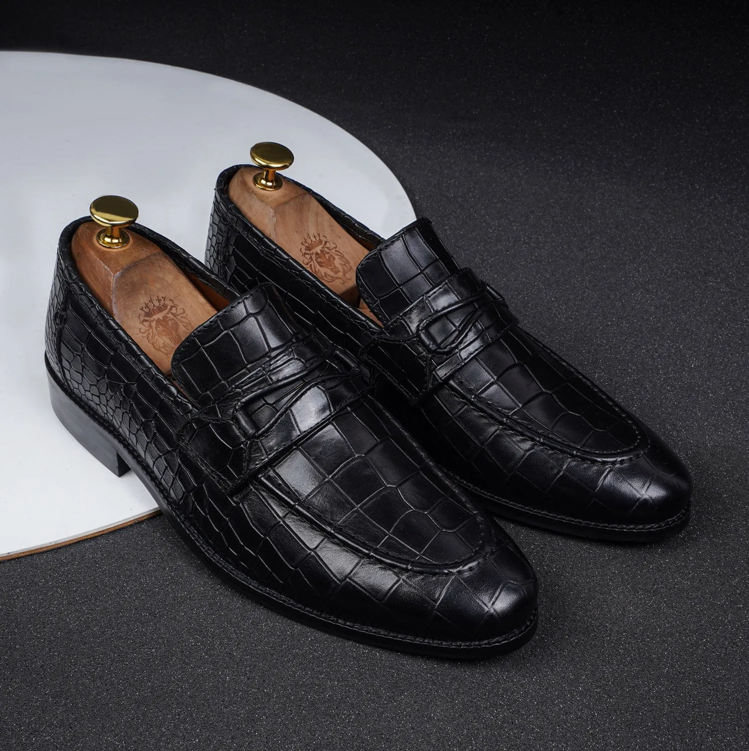 Black Penny Loafers with Cut Croco Leather