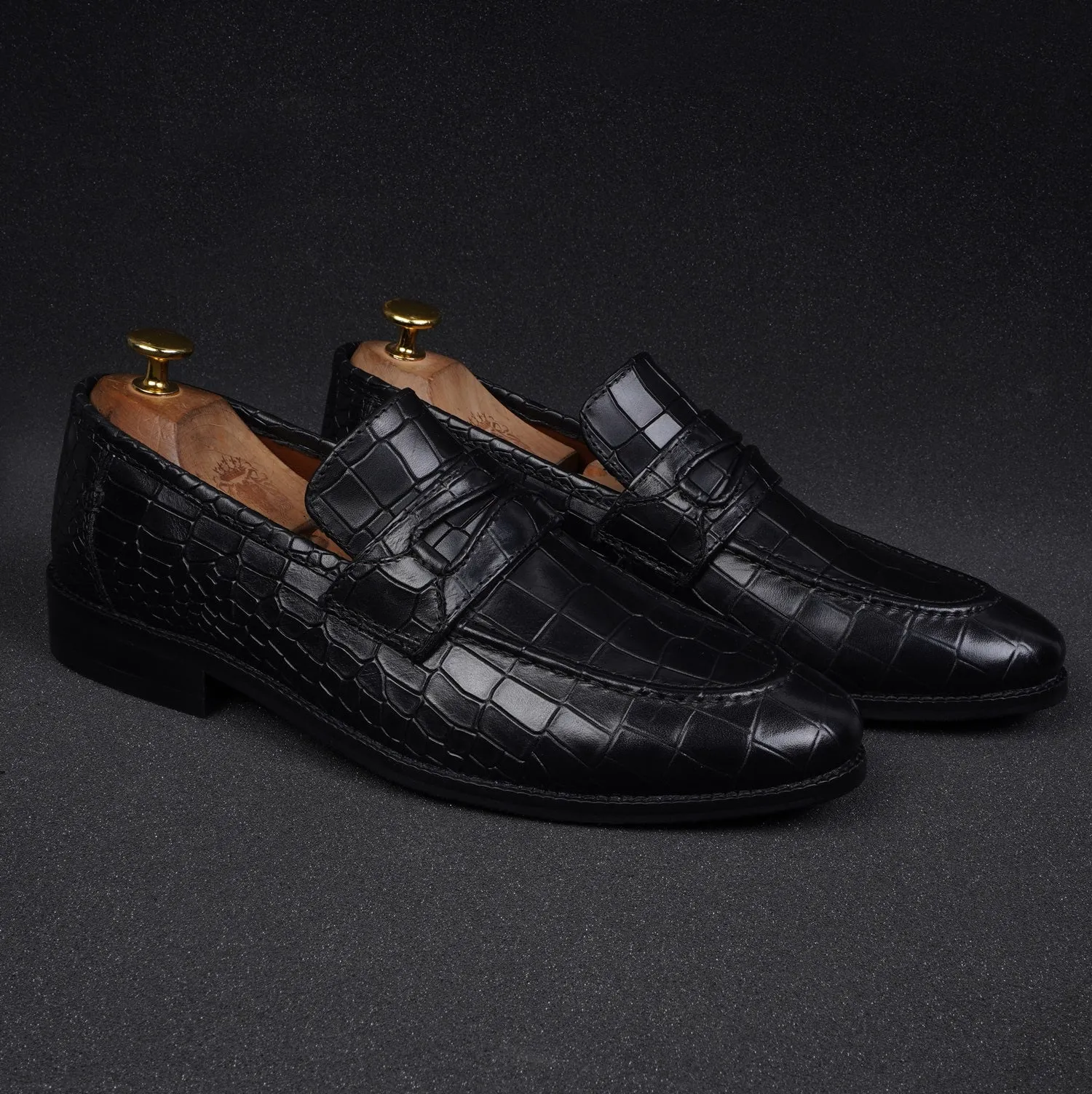 Black Penny Loafers with Cut Croco Leather