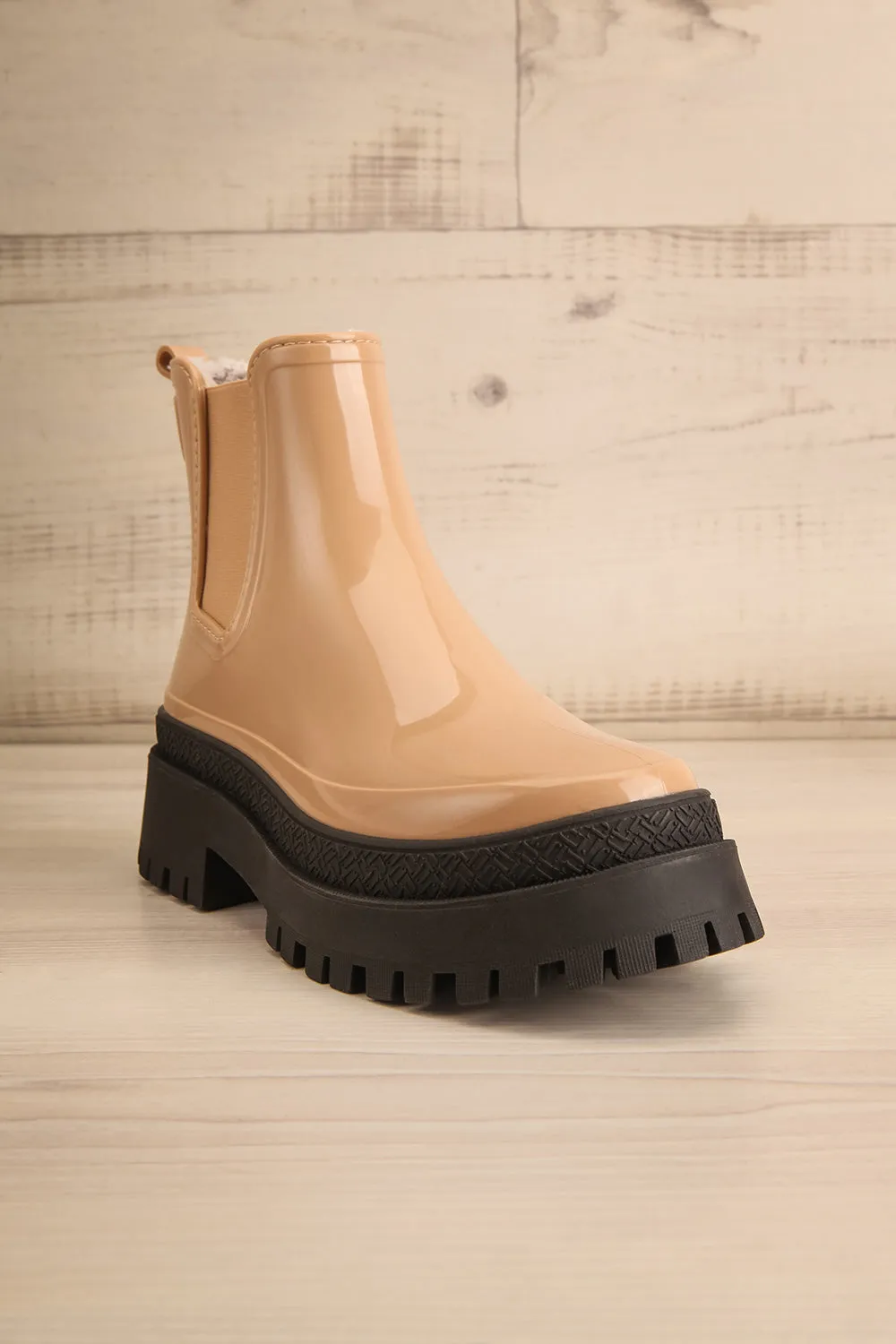 Carter Beige | Faux-Fur Lined Platform Rain Boots