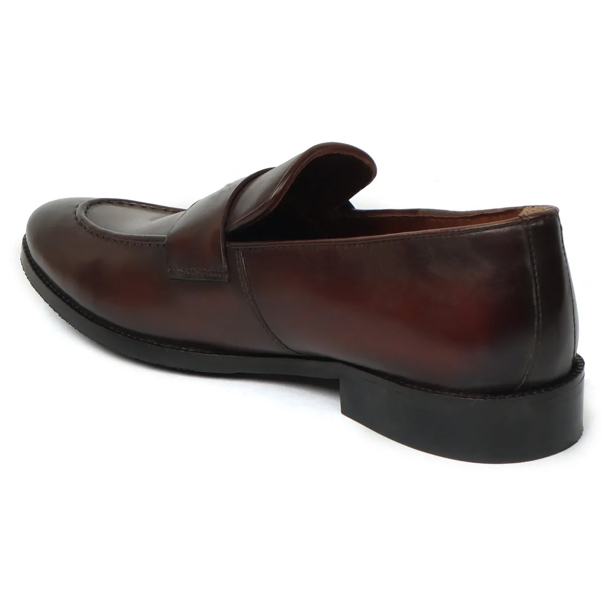 Dark Brown Burnished Leather Penny Loafers with Triangular Cut-Strap By Brune & Bareskin