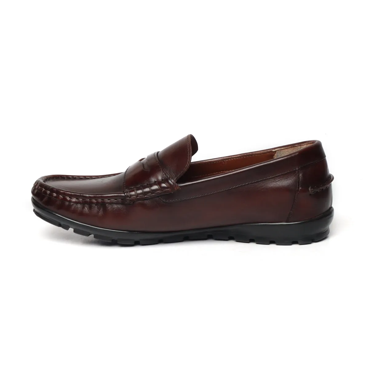 Dark Brown Leather Stitched Design Penny Loafers