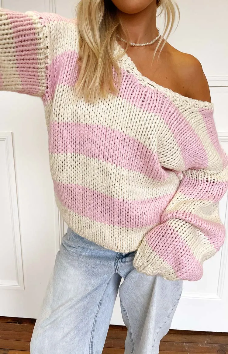 Delvey Pink Striped Chunky Knit Sweater