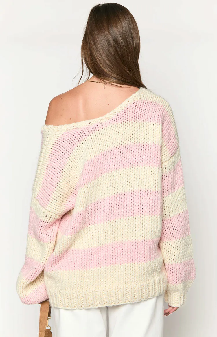 Delvey Pink Striped Chunky Knit Sweater