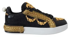 Dolce & Gabbana Black Gold Baroque Portofino Leather Sneakers Shoes