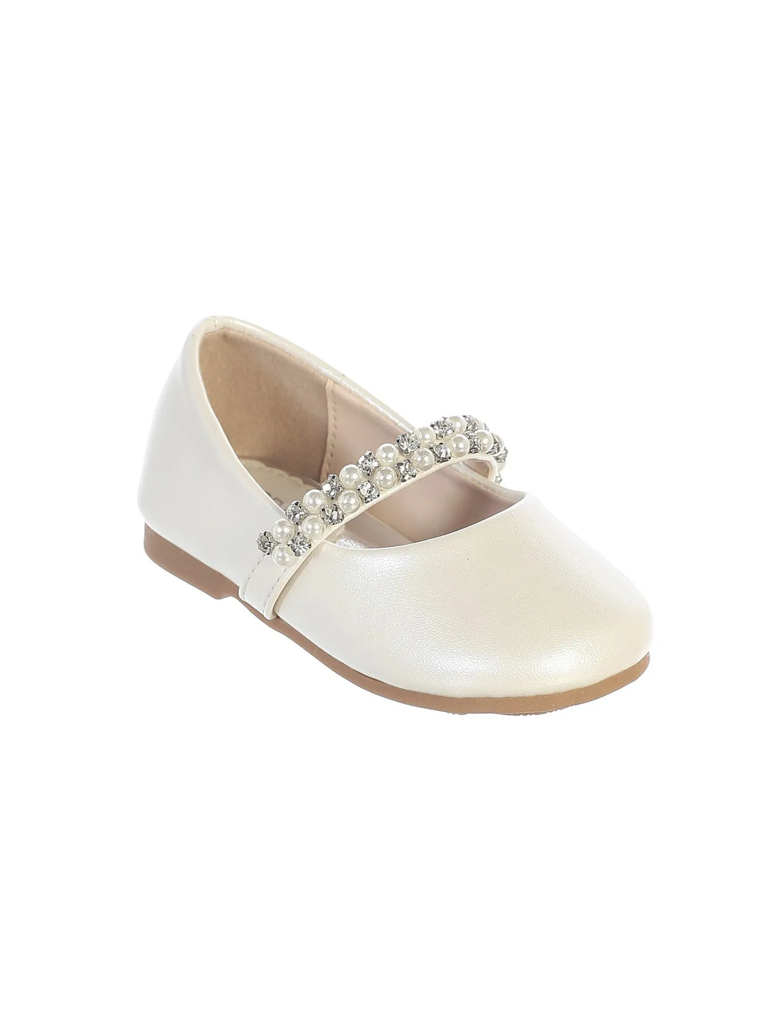 Girls Ivory Rhinestone Pearl Strap Leatherette Mary Jane Shoes 1-4 Baby