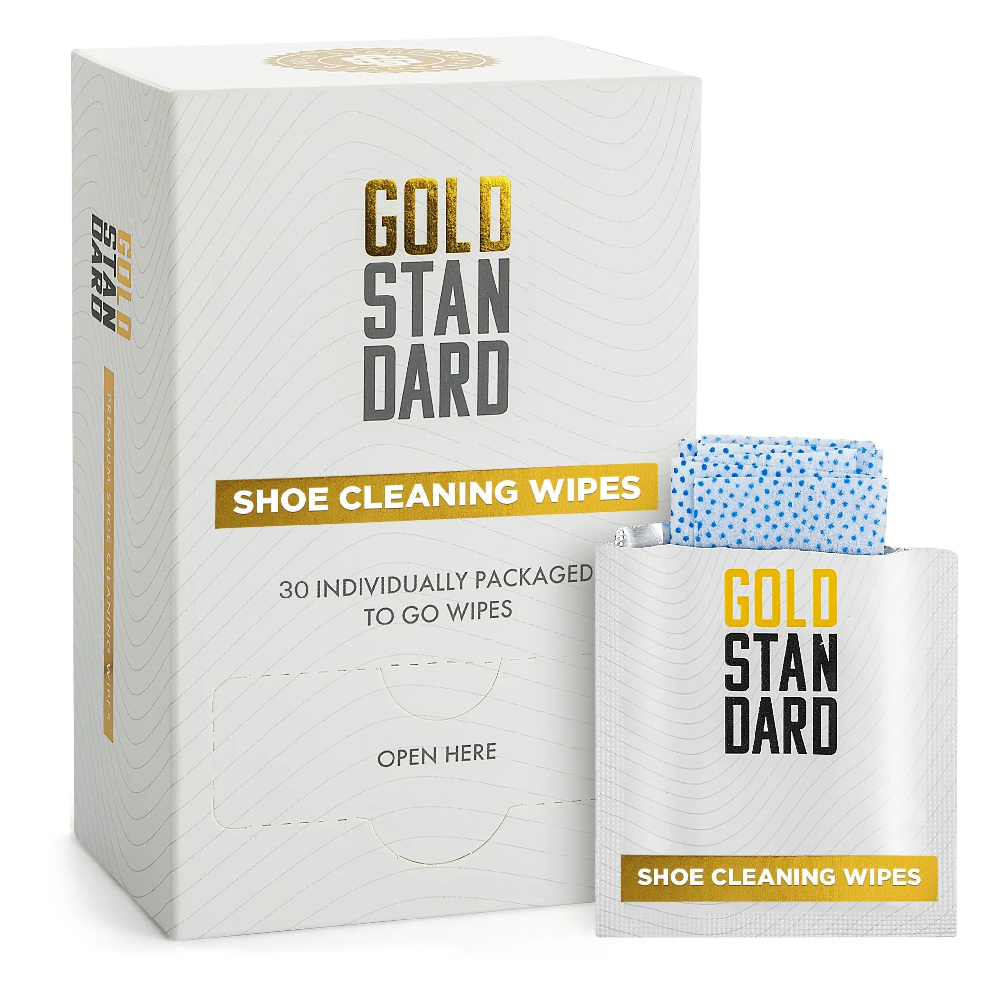 Gold Standard Shoe Cleaner Wipes | Dual Textured Individually Wrapped Sneaker Wipes - Quick Shoe Cleaning Wipes to Erase Dirt & Stains from Leather, Tennis & Canvas Shoes (30-Pack)