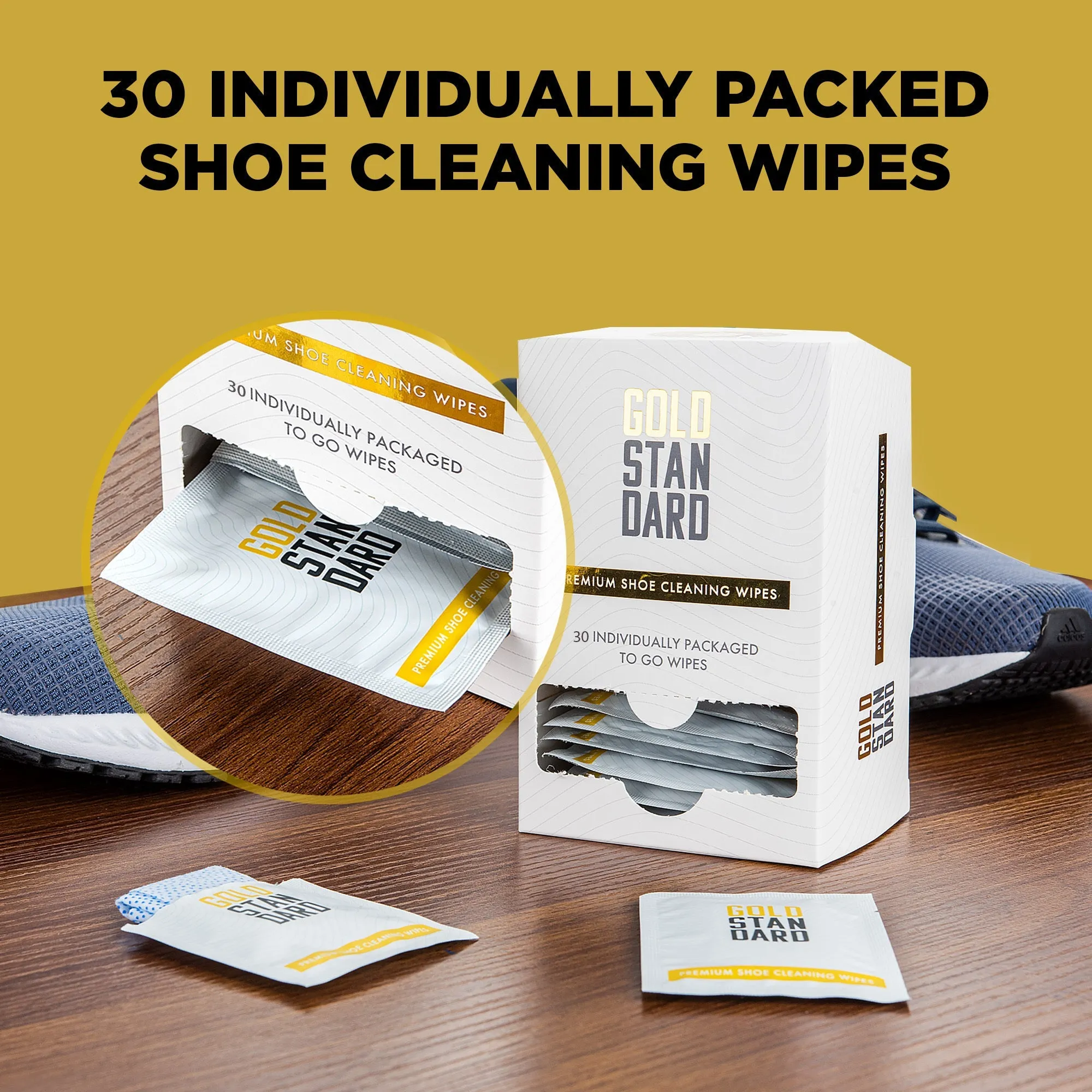 Gold Standard Shoe Cleaner Wipes | Dual Textured Individually Wrapped Sneaker Wipes - Quick Shoe Cleaning Wipes to Erase Dirt & Stains from Leather, Tennis & Canvas Shoes (30-Pack)