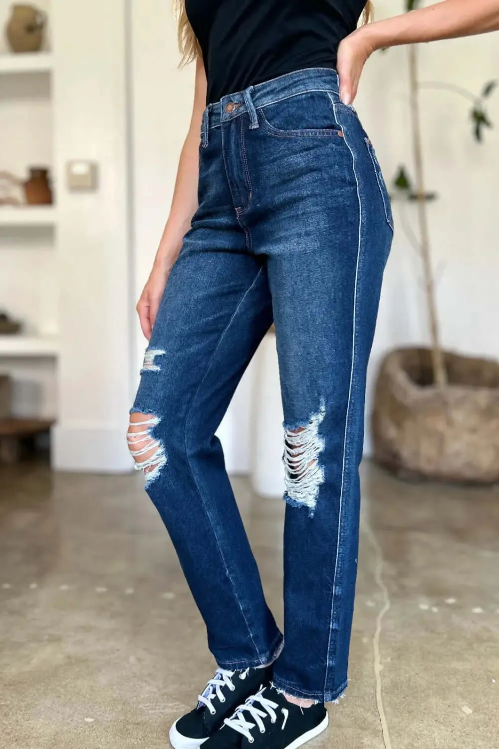 High Waist Fashion Jeans by Judy Blue - Full Size High Waist Rigid Magic Heavy Destroy Straight Jeans