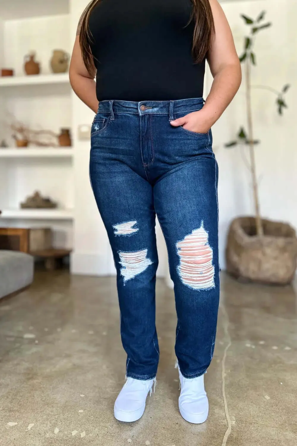 High Waist Fashion Jeans by Judy Blue - Full Size High Waist Rigid Magic Heavy Destroy Straight Jeans