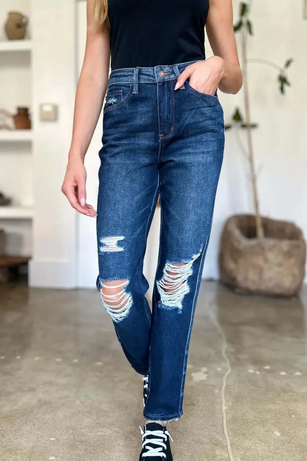 High Waist Fashion Jeans by Judy Blue - Full Size High Waist Rigid Magic Heavy Destroy Straight Jeans