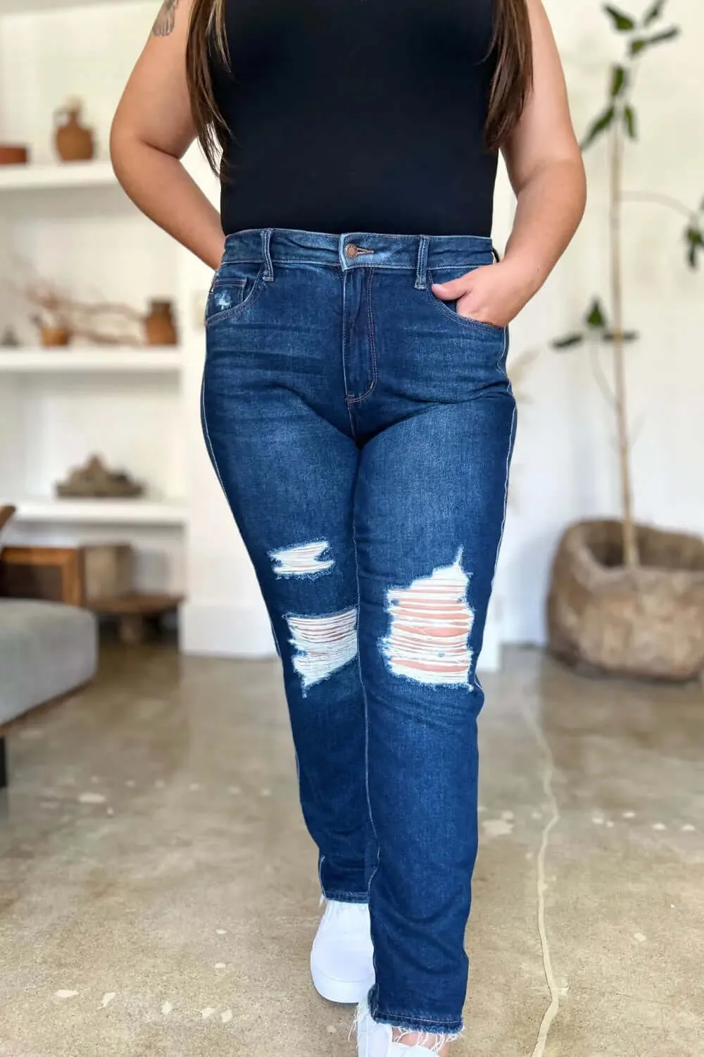 High Waist Fashion Jeans by Judy Blue - Full Size High Waist Rigid Magic Heavy Destroy Straight Jeans