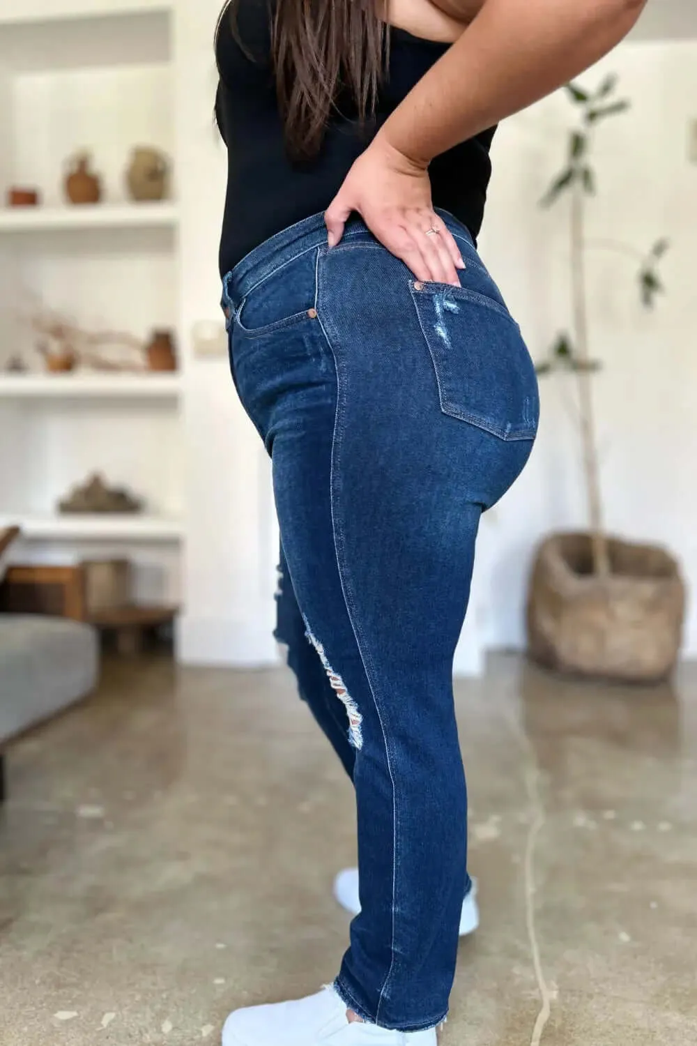 High Waist Fashion Jeans by Judy Blue - Full Size High Waist Rigid Magic Heavy Destroy Straight Jeans