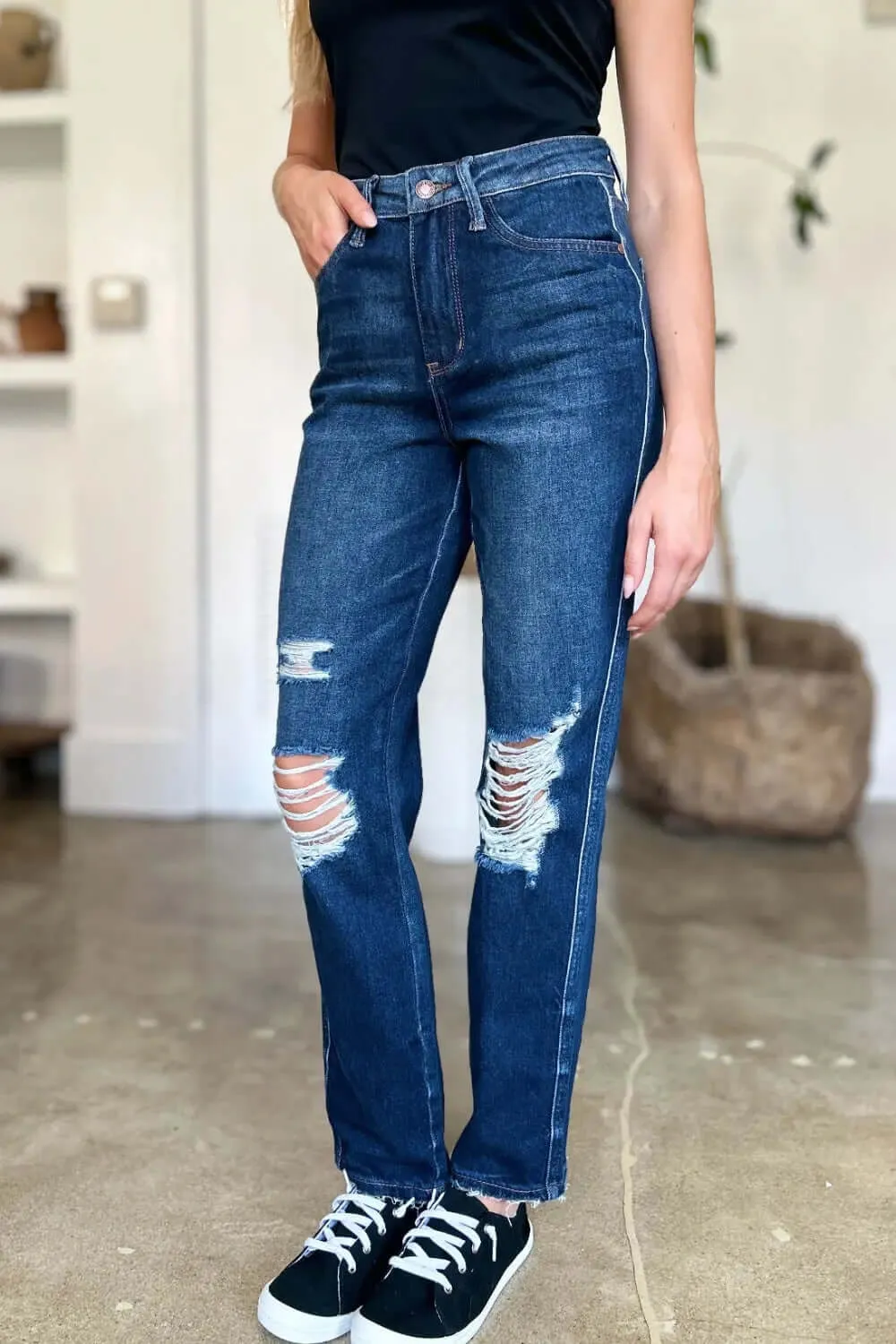 High Waist Fashion Jeans by Judy Blue - Full Size High Waist Rigid Magic Heavy Destroy Straight Jeans