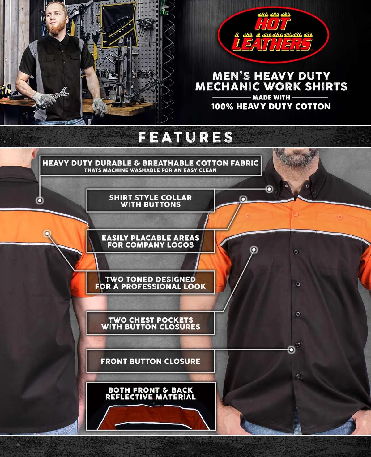 Hot Leathers GMM1004 Men's Mechanics 2-Tone Sides Button Up Heavy-Duty Work Shirt for | Classic Mechanic Work Shirt