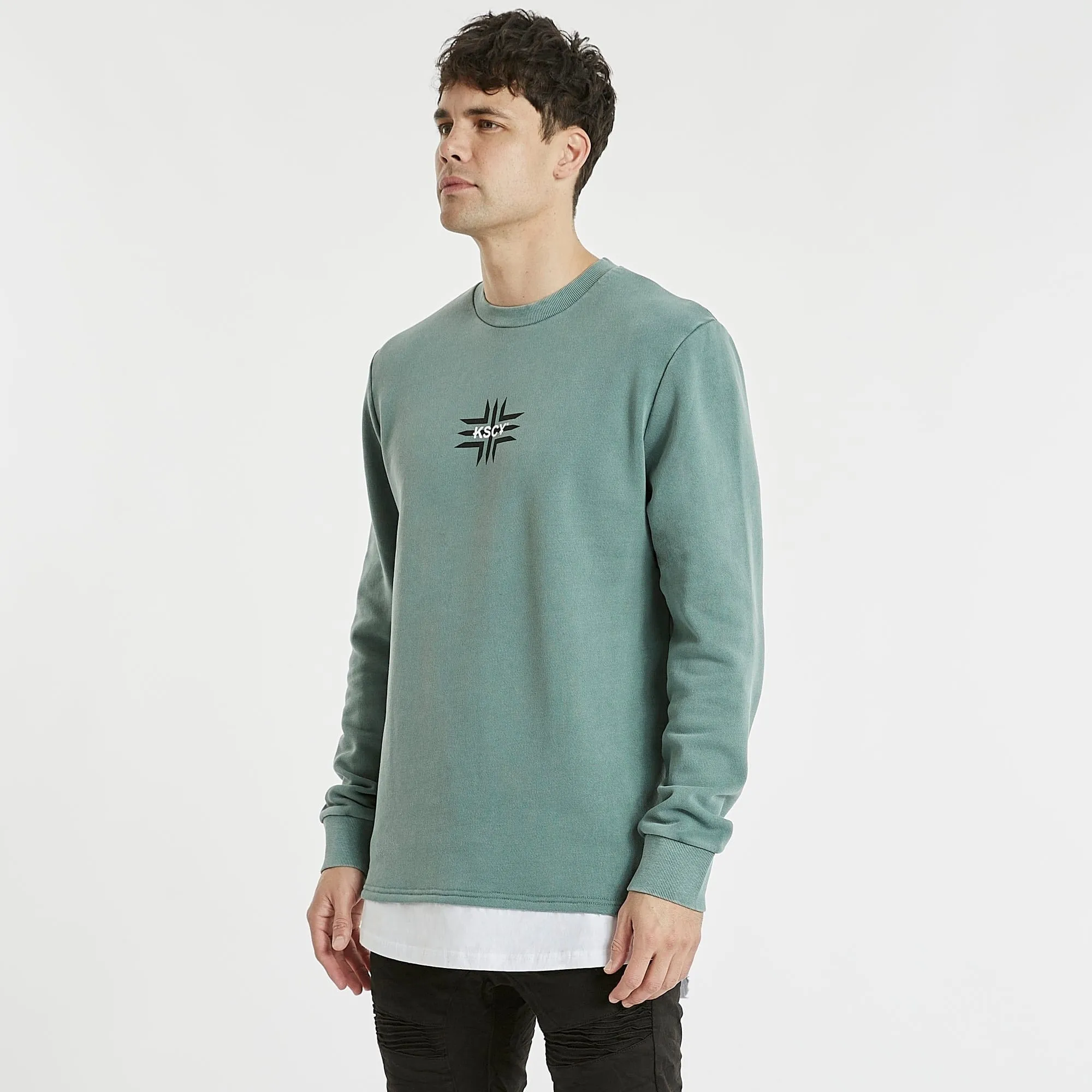 KISS CHACEY Mens Cogan Layered Hem Jumper Pigment Silver Pine