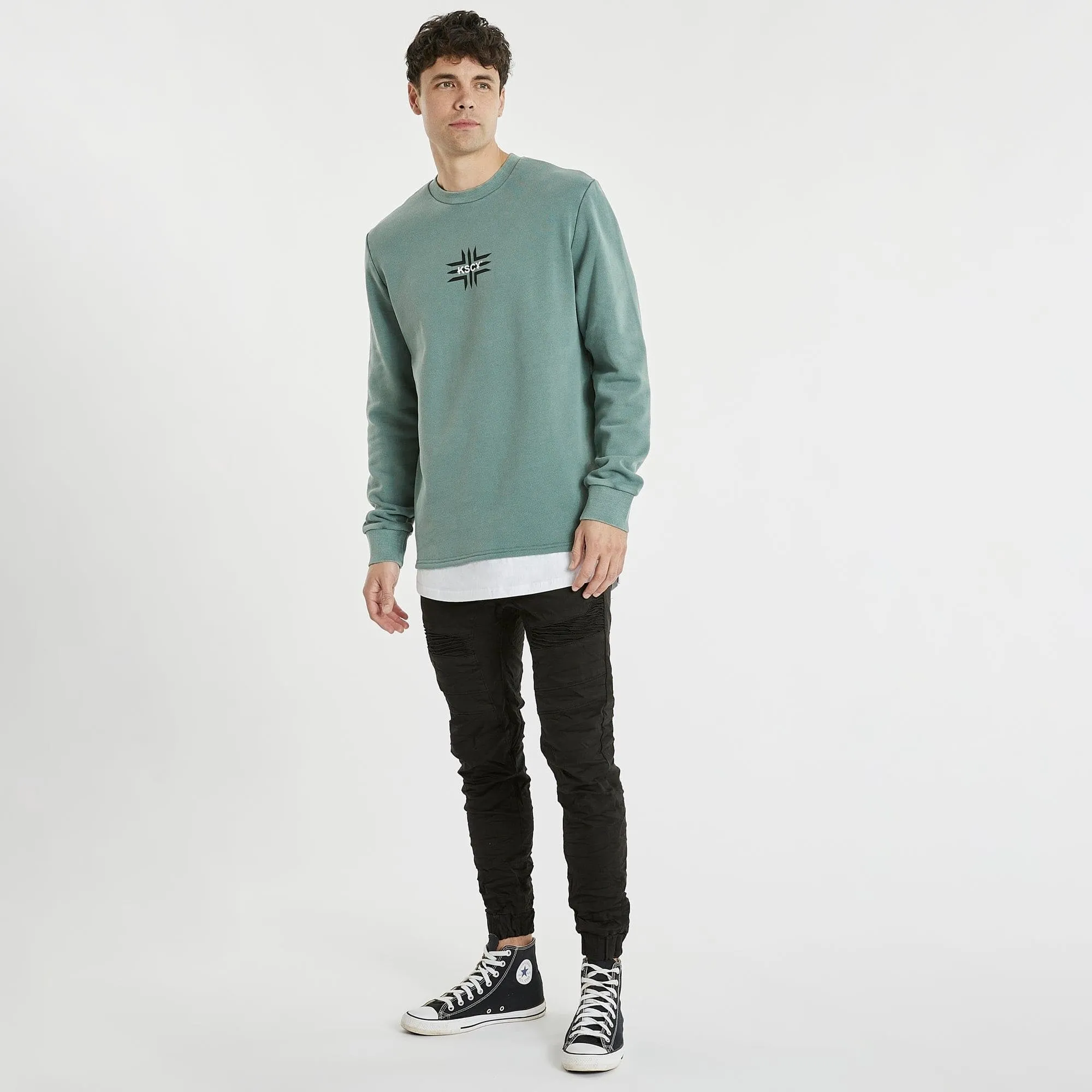 KISS CHACEY Mens Cogan Layered Hem Jumper Pigment Silver Pine