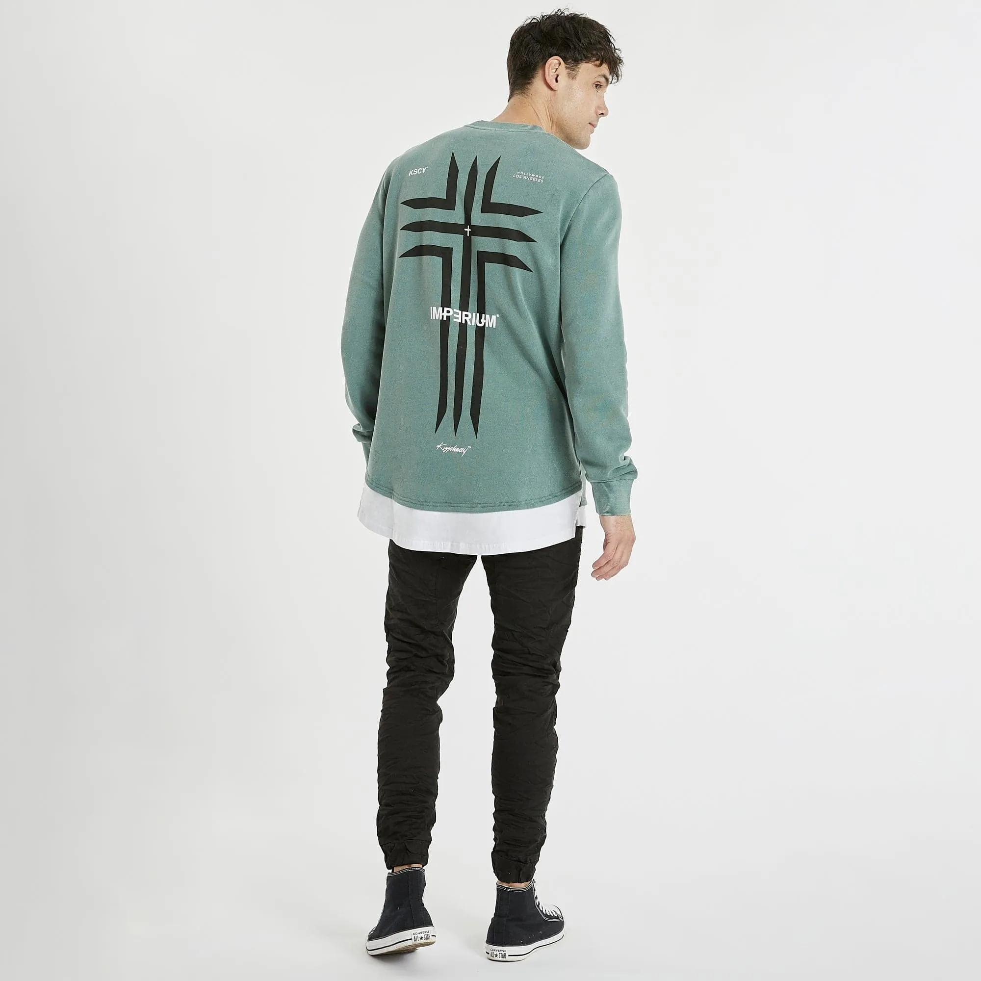 KISS CHACEY Mens Cogan Layered Hem Jumper Pigment Silver Pine