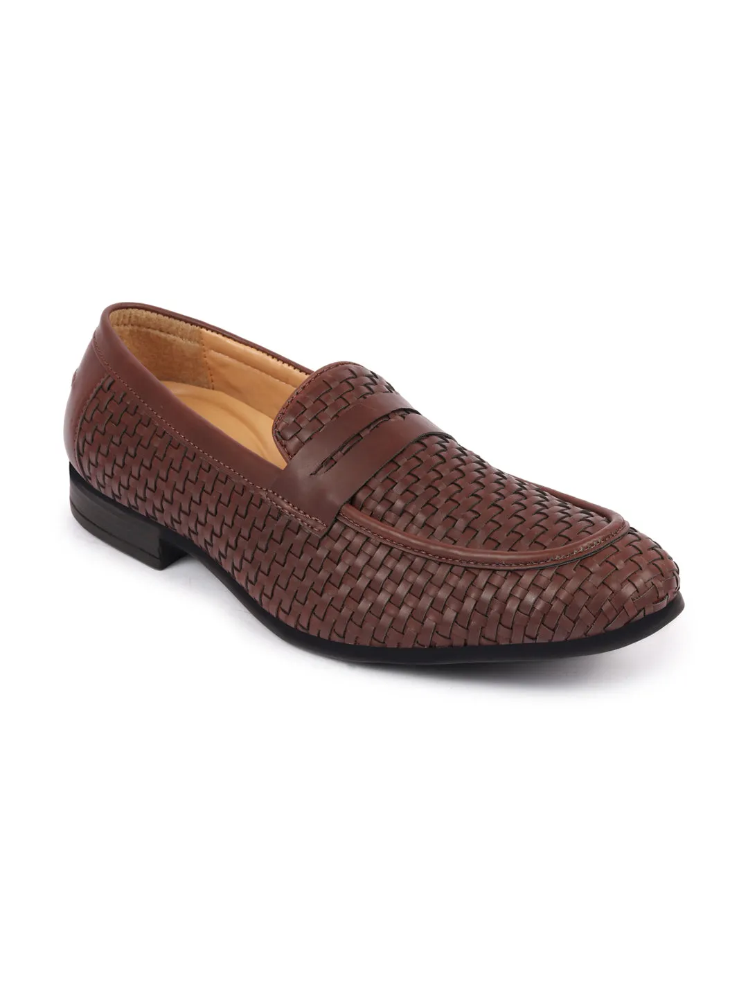 Men Brown Hand Knitted Design Penny Loafer Slip On Shoes