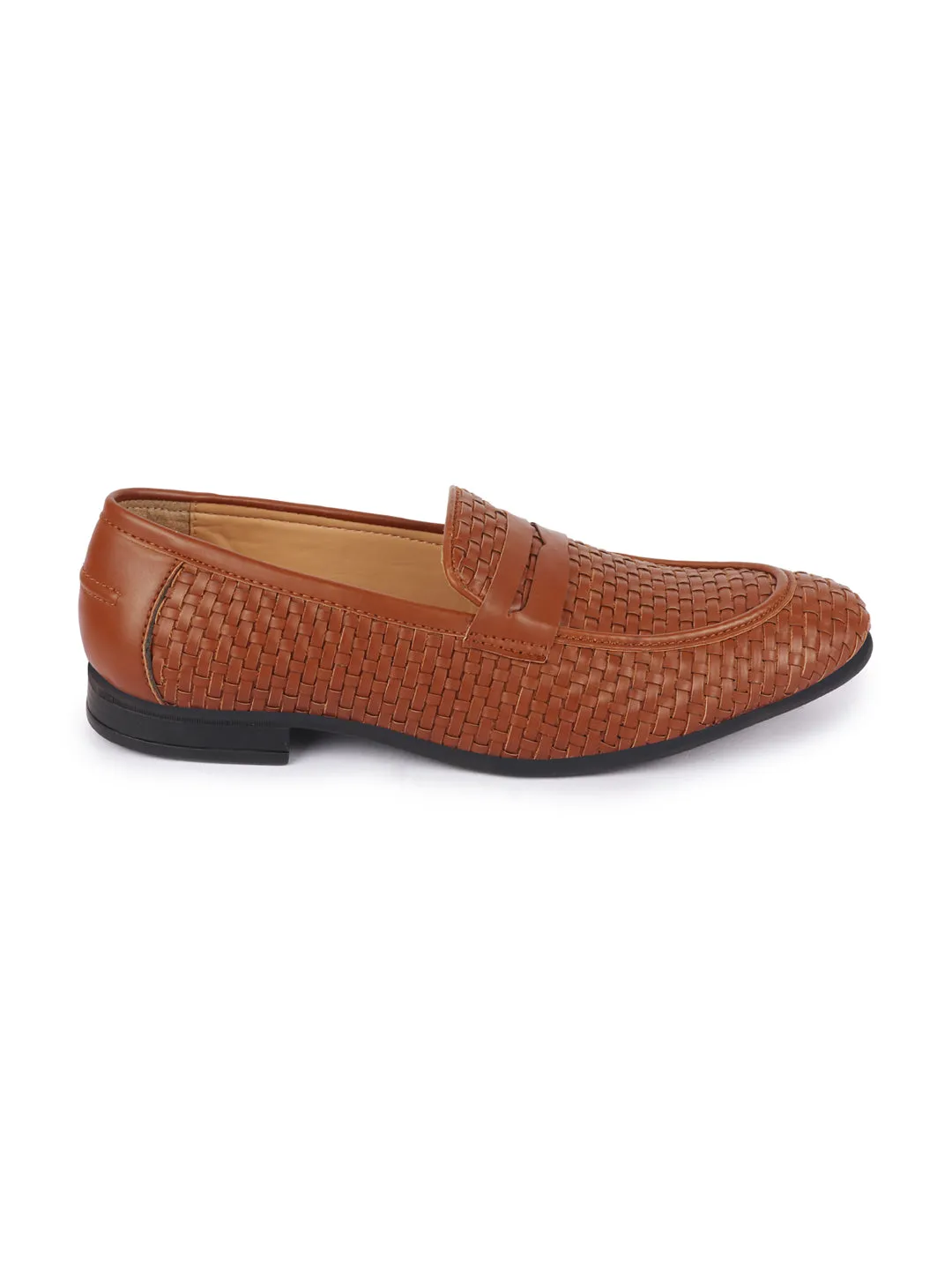 Men Tan Hand Knitted Design Penny Loafer Slip On Shoes