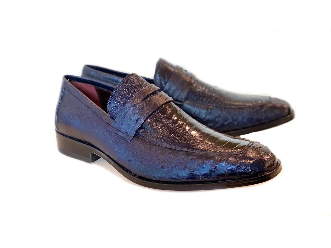 Pelle Exotics Ostrich Slip-On Penny Loafer Blue