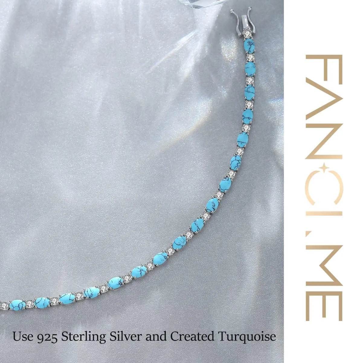 "Glamour Radiance" Fancy Cut Tennis Blue Turquoise Stone Sterling Silver Bracelet