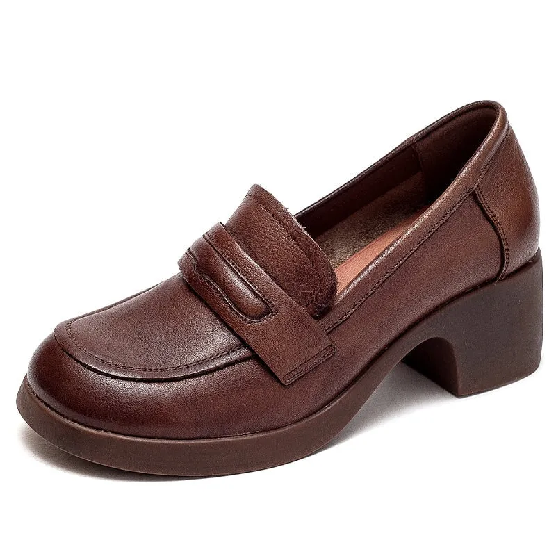 Round Toe 50mm Block Heel Leather Penny Loafers for Women in Brown/Black