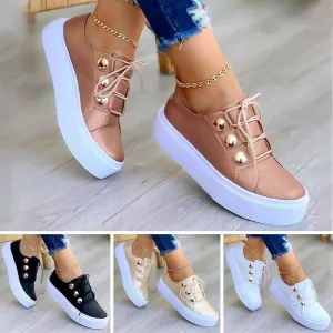 Sneakers Women Flats Round Toe Solid Color Casual Tennis Female Footwear Metal Button Decor Comfortable Ladies Vulcanized Shoe