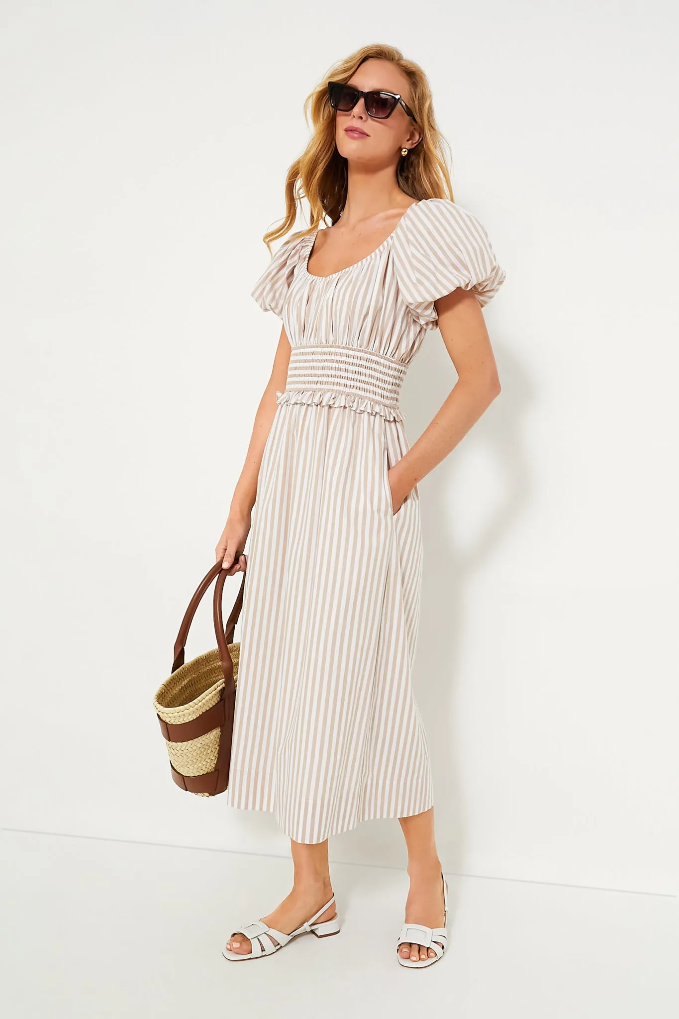 Tan Stripe Puff Sleeve Flynn Dress