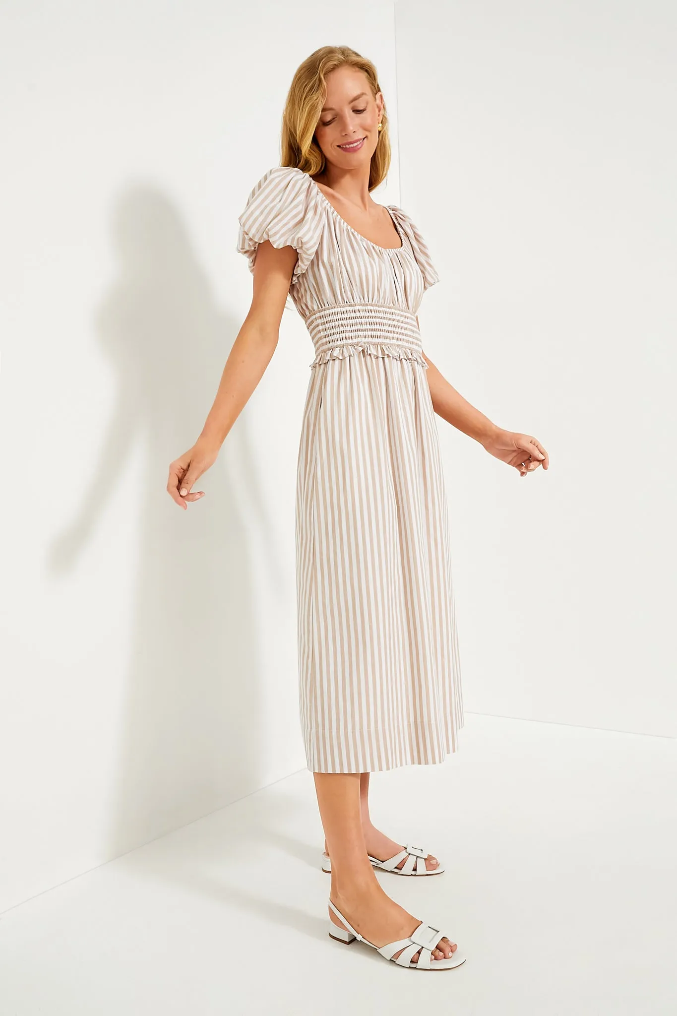 Tan Stripe Puff Sleeve Flynn Dress