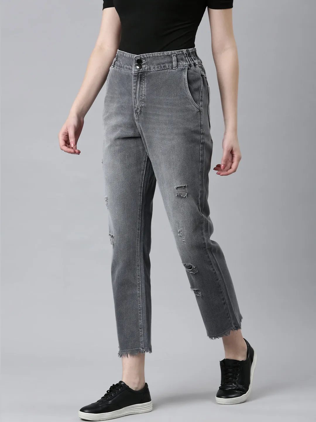 Women Grey Solid Boyfriend Fit Denim Jeans