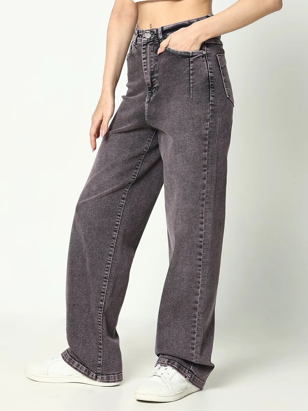 Women Solid Grey Wide Leg Jeans